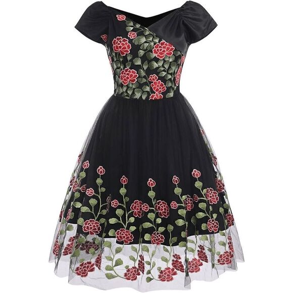🌸 NWT Off Shoulder Retro Pinup Vintage 1950s Mesh Floral Embroidered Dress XL - Picture 1 of 16